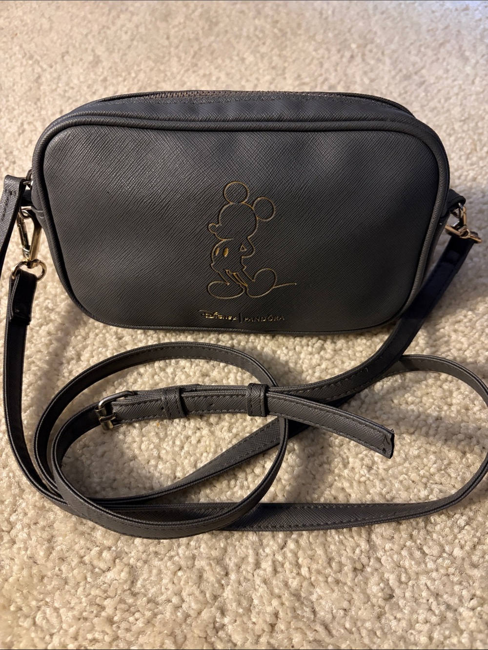 Disney x Pandora Gray Crossbody Bag with Gold Mickey Outline